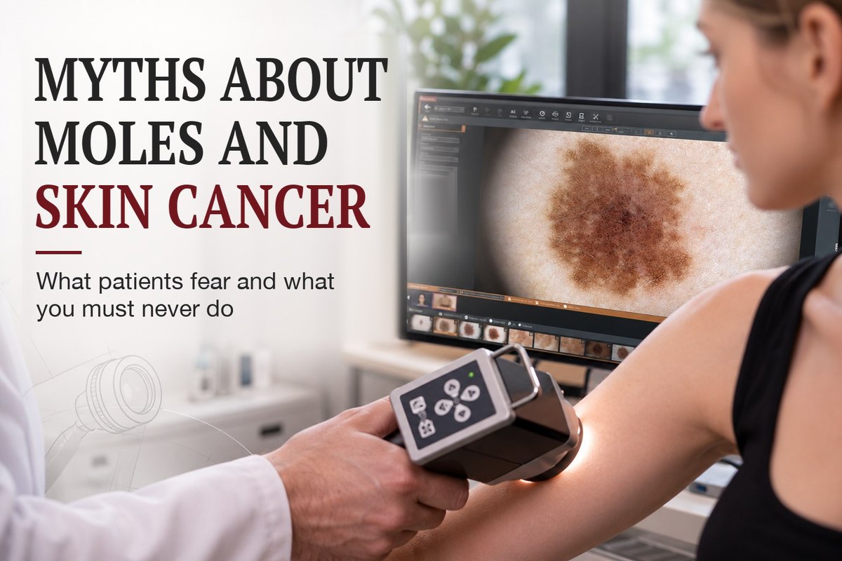 A doctor examines a mole on a patient's arm with a digital dermatoscope, a magnified image of the lesion on the monitor