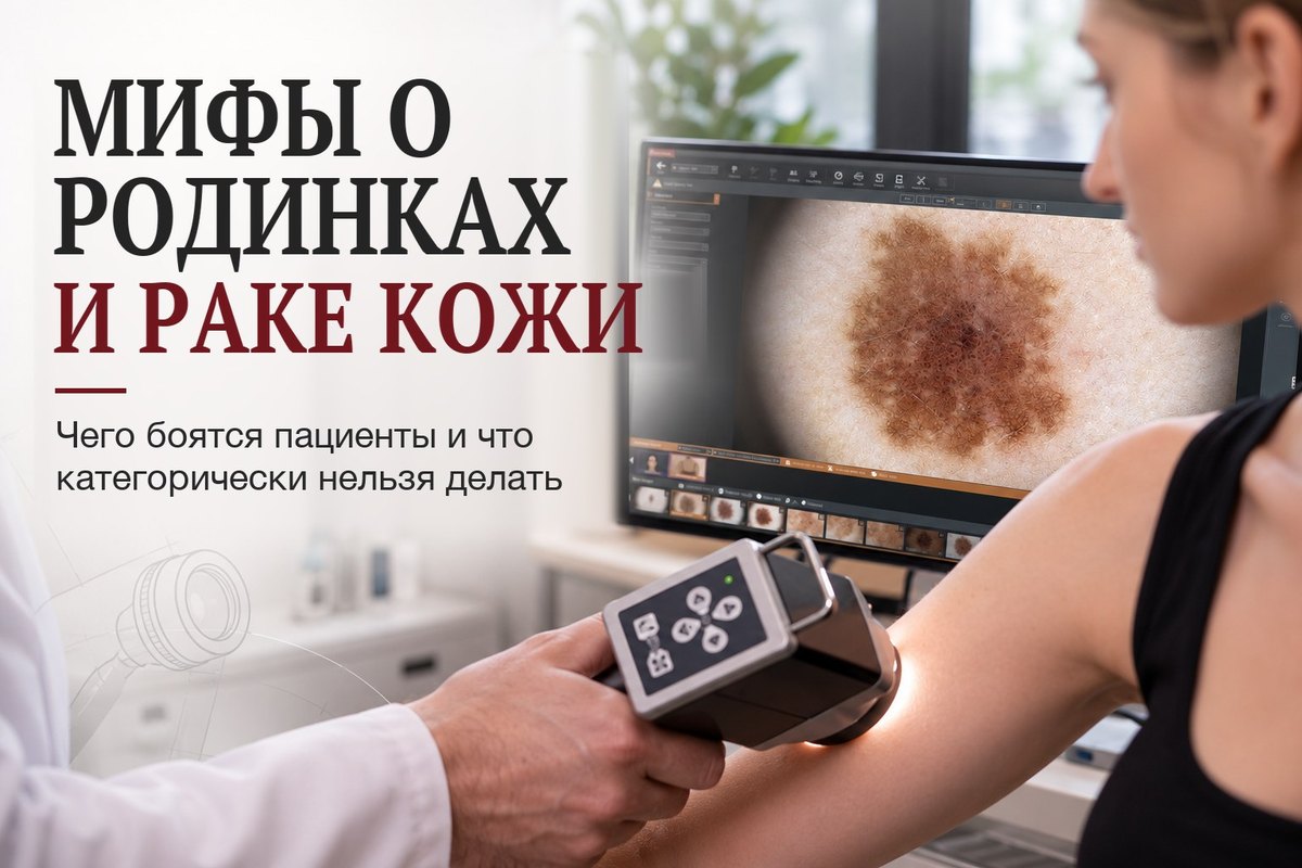 Врач осматривает родинку на руке пациентки цифровым дерматоскопом, на мониторе увеличенное изображение образования
