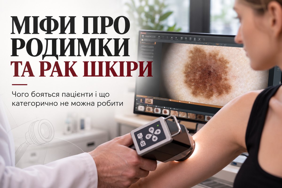 Лікар оглядає родимку на руці пацієнтки цифровим дерматоскопом, на моніторі збільшене зображення утворення