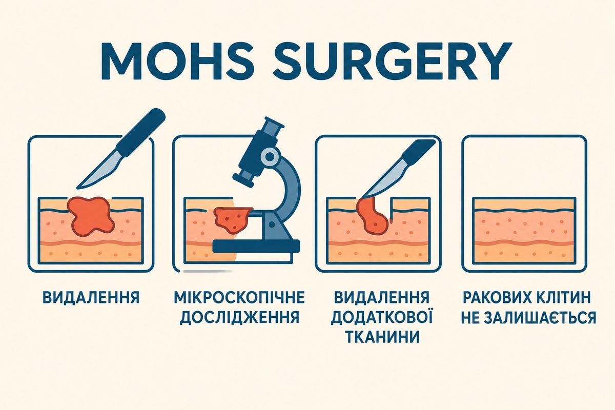Схема хірургії Моса: видалення пухлини, мікроскопічне дослідження, видалення додаткової тканини, ракових клітин не залишається